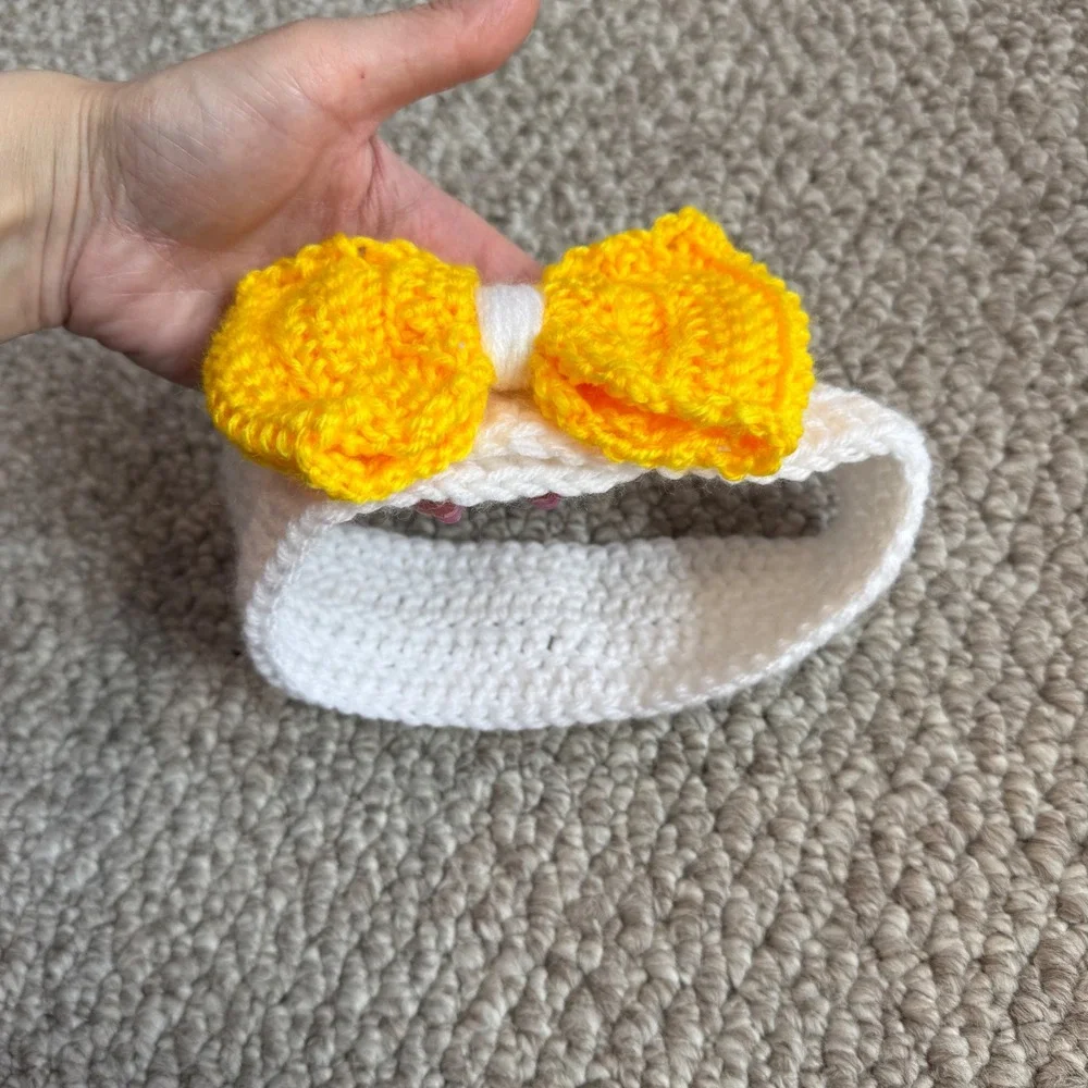 Handmade Crochet Baby Headband White with Yellow‎ Bow OSFM Accessory